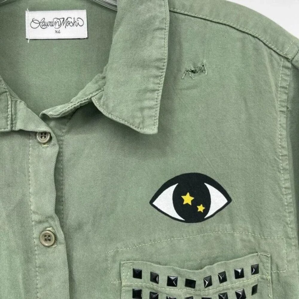 Lauren Moshi Green Button Up Top Womens XSmall Eye Heart Army Fringe Stud - Picture 4 of 10